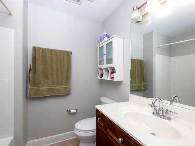 a bathroom with a sink vanity mirror and toilet