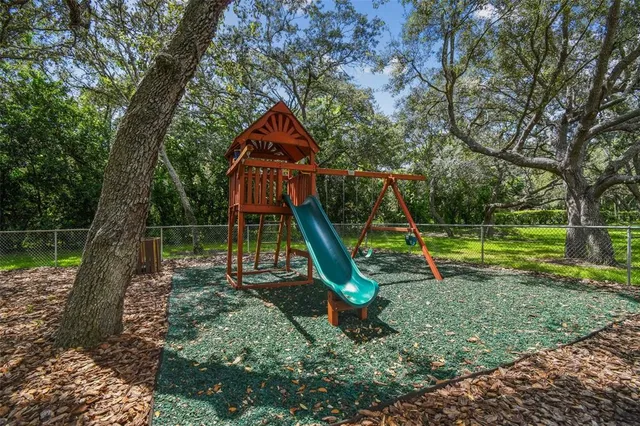 a view of a park with swings