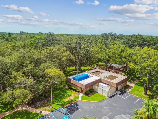 an aerial view of a house with swimming pool and mountains