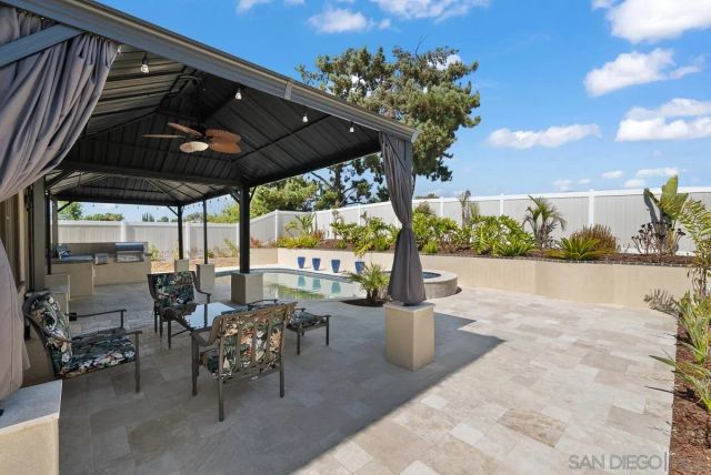 a view of a house with swimming pool and sitting area