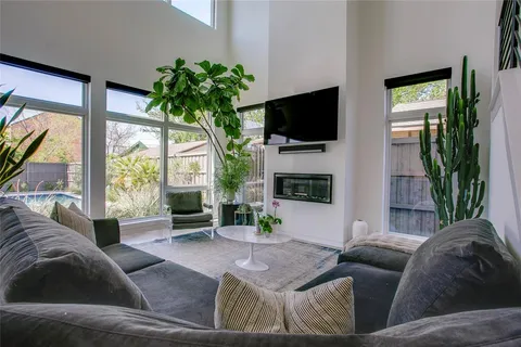 a living room with furniture a flat screen tv and a potted plant