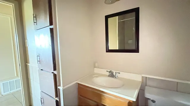 a bathroom with a granite countertop sink and a mirror