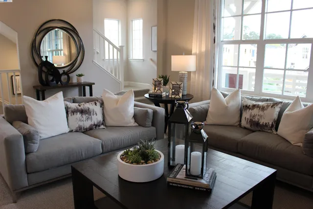 a dining room with a table and a fireplace