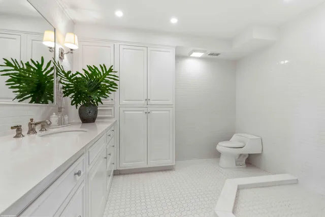 a bathroom with a toilet a sink and mirror