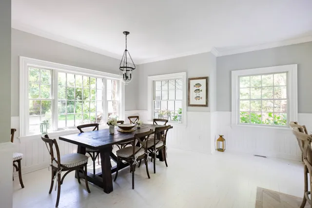 a view of a dining room with furniture window and outside view