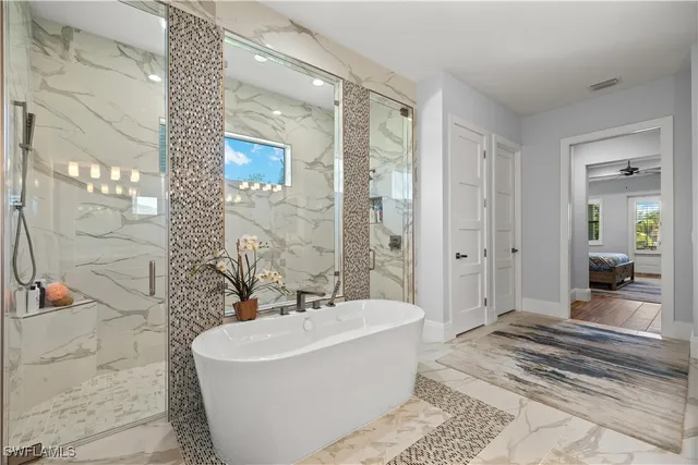 a bathroom with a bathtub and a shower