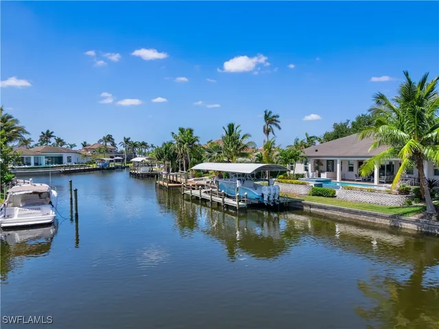 a view of a lake with boats and palm trees