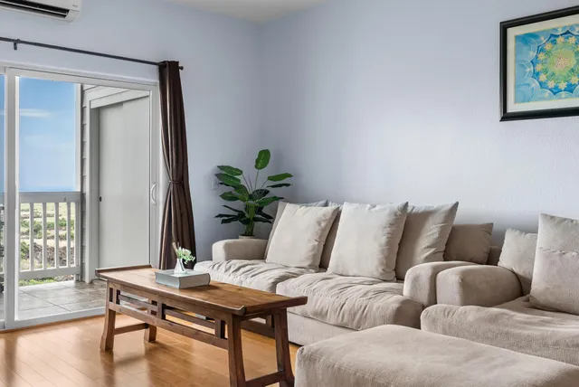 a living room with furniture and a potted plant