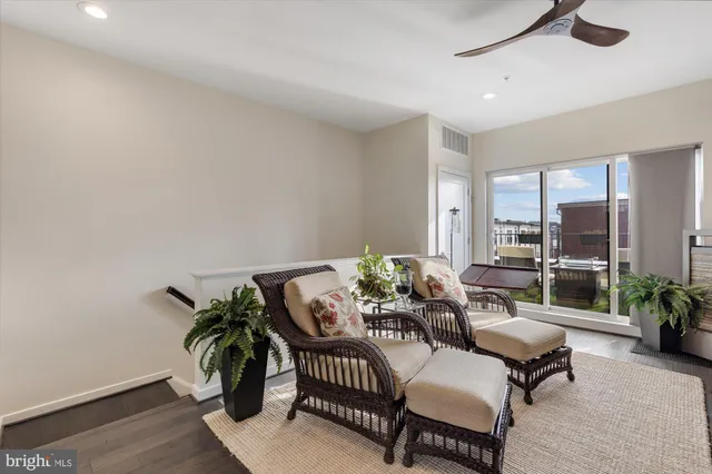 a living room with furniture and a potted plant