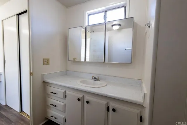 a bathroom with a sink and a mirror