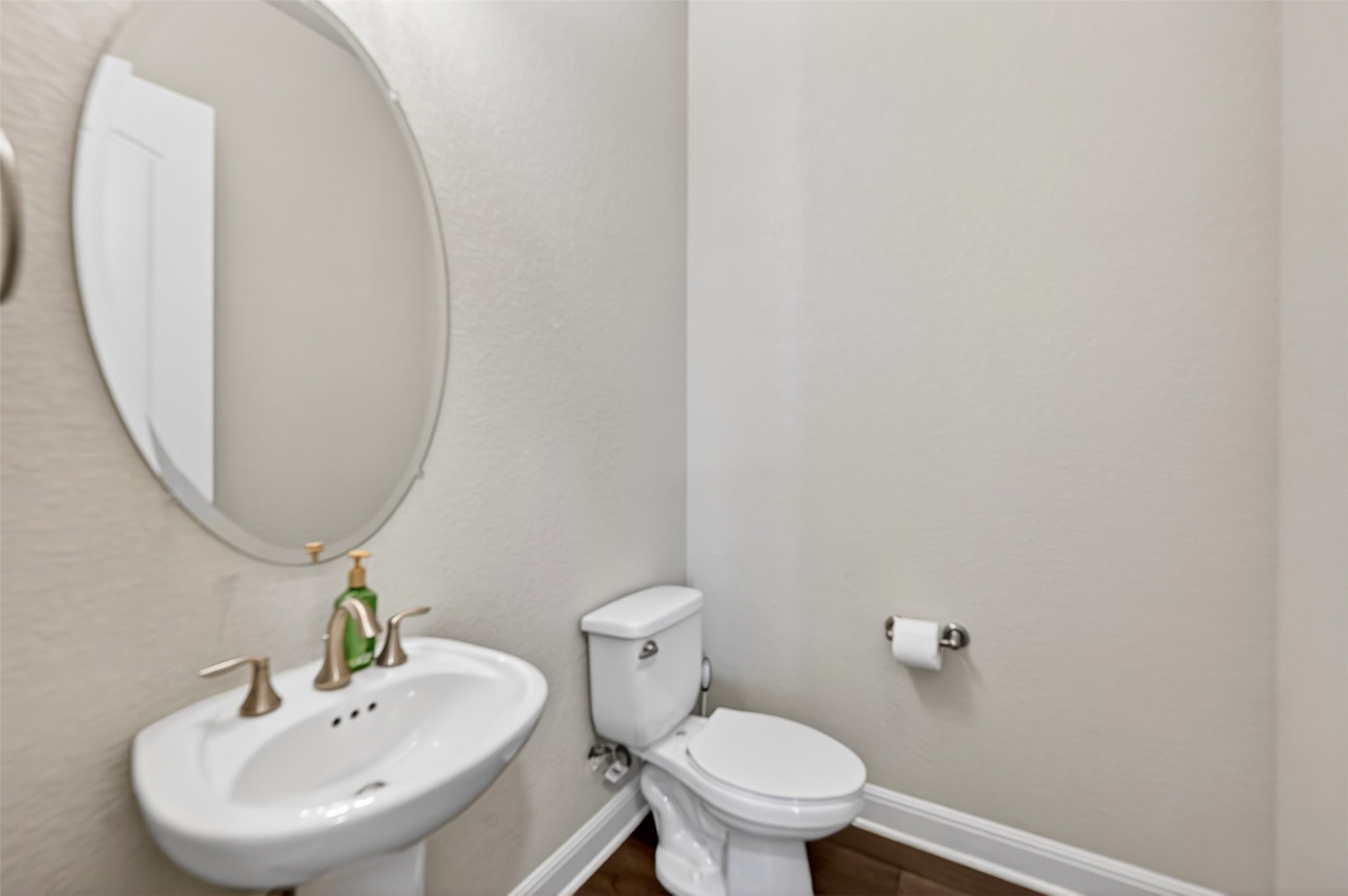 1201 Positano Pass Leander, TX 78641 - Photo 28 of 40 Pedestal sink with brushed brass fixtures, complemented by an oval mirror and wood-finish flooring