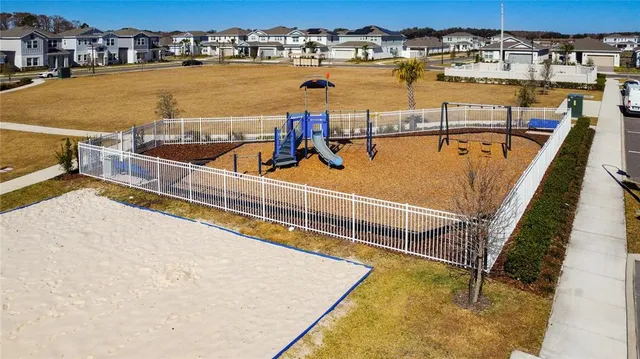 an aerial view of a swimming pool