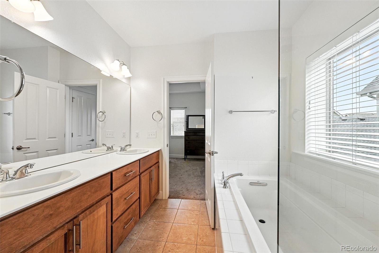 5207 Clinton Street Denver, CO 80238 - Photo 21 of 43 a bathroom with a double vanity sink a mirror and a bathtub