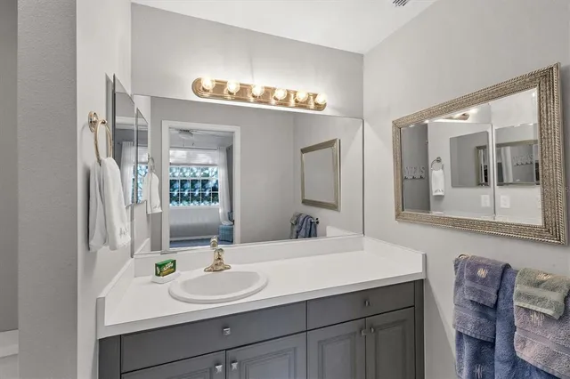 a bathroom with a sink and a mirror