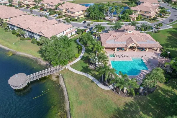 an aerial view of a house with a garden
