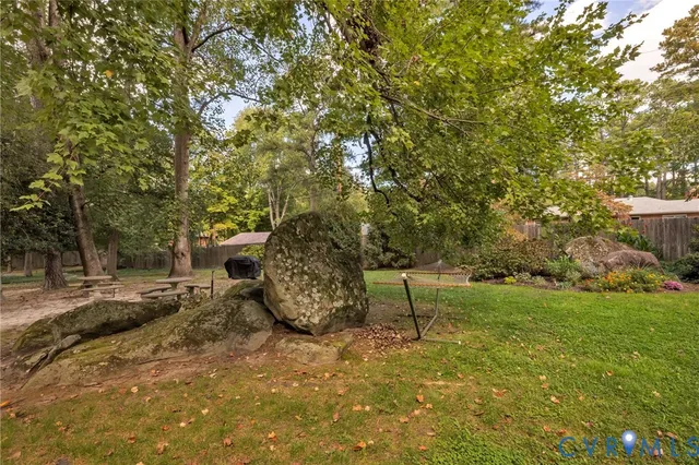 a backyard of a house with table and chairs