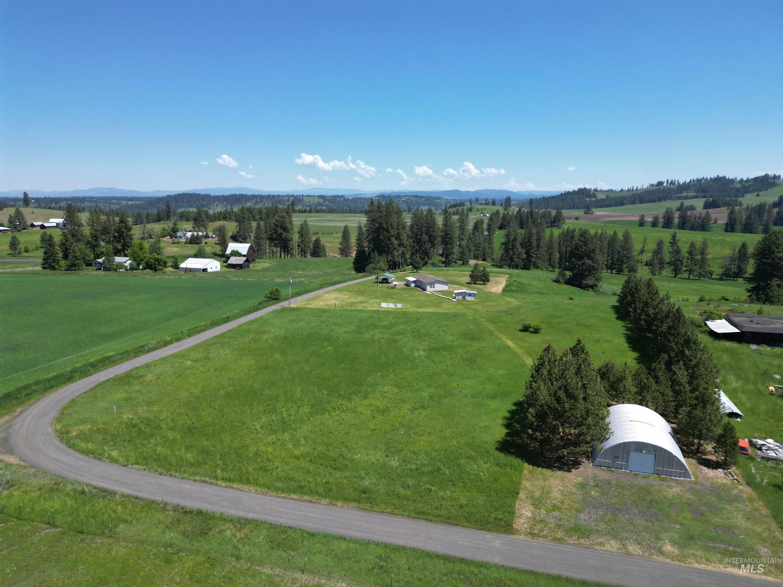 135 Harrisburg Road Kamiah, ID 83536 - Photo 15 of 41 Expansive grounds featuring a gravel driveway, mature trees, a quonset hut, and multiple agricultural buildings