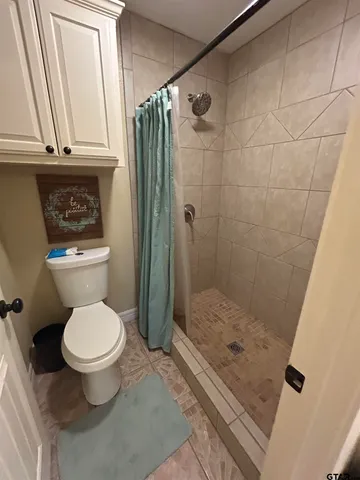 a bathroom with a toilet and a shower