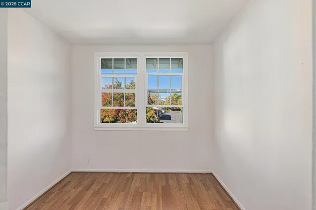 a backyard of a house with large tree and wooden fence