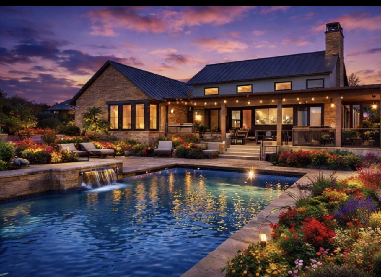 410 Kayak Way Austin, TX 78738 - Photo 30 of 39 Virtual Rendering-Back of house at dusk featuring a metal roof, a patio, a chimney, an outdoor pool, and stone siding