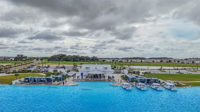 a view of a lake from a building from a yard