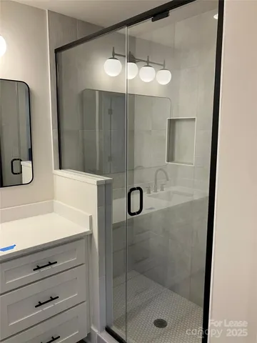 a bathroom with a shower a sink and a mirror