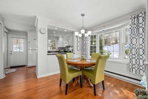 a view of a dining room with furniture window and wooden floor