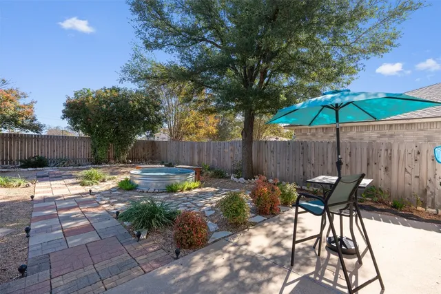 a view of a backyard with chairs potted plants and a large tree