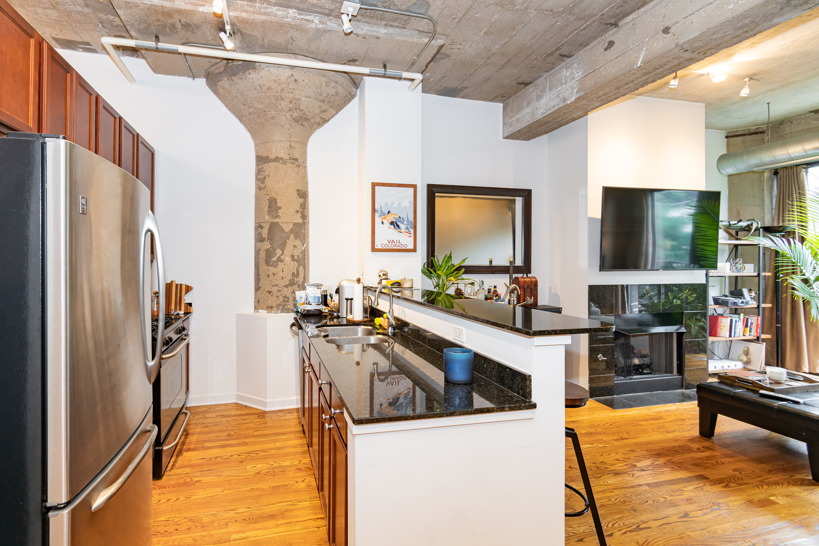 1069 West 14th Place, Unit 305 Chicago, IL 60608 - Photo 8 of 26 a kitchen with stainless steel appliances granite countertop a refrigerator and a stove