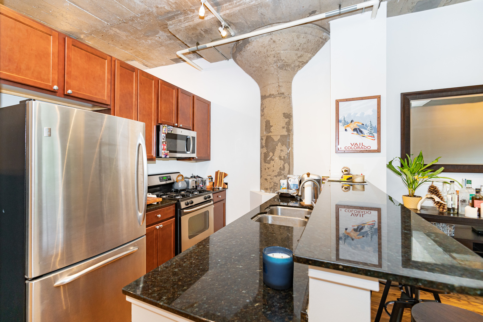 1069 West 14th Place, Unit 305 Chicago, IL 60608 - Photo 9 of 26 a kitchen with stainless steel appliances granite countertop a refrigerator a stove a sink a dining table and chairs with wooden floor