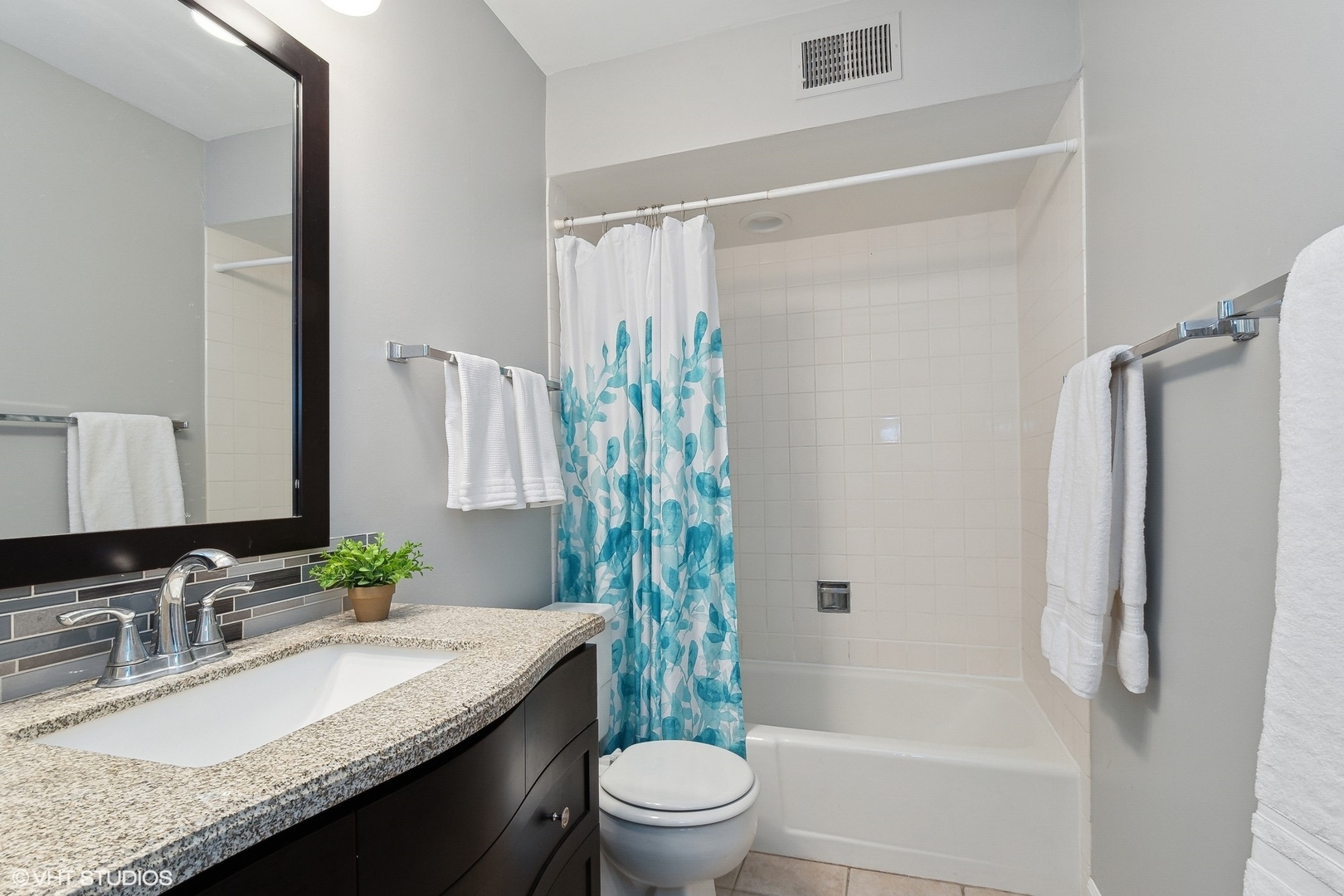 520 Shorely Drive, Unit 201 Barrington, IL 60010 - Photo 13 of 14 a bathroom with a granite countertop sink toilet and shower