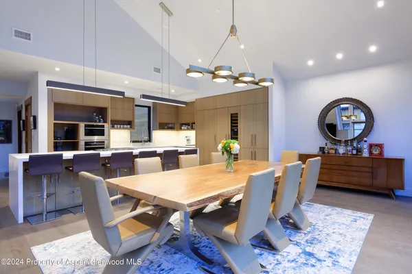 a view of a dining room with furniture