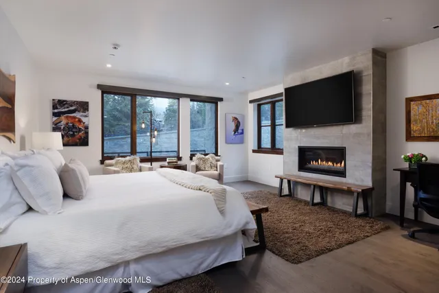 a bedroom with a bed a flat screen tv and a fireplace