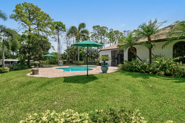 a view of a yard with a fountain