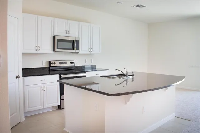 a kitchen with stainless steel appliances granite countertop a sink a stove a microwave and a white cabinet