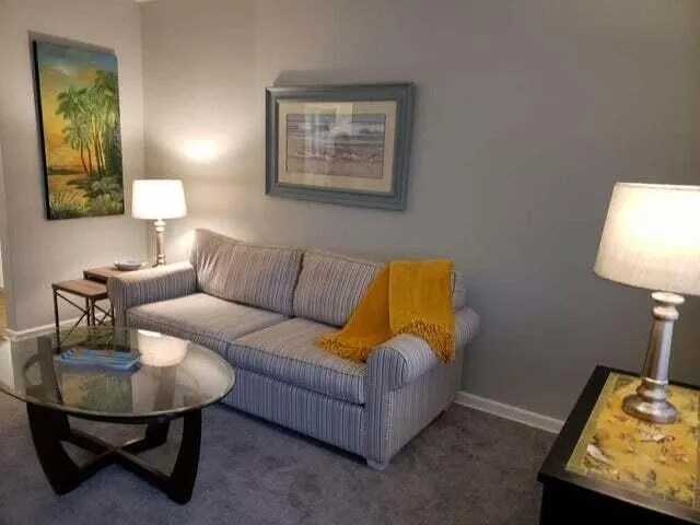 a living room with furniture and a lamp