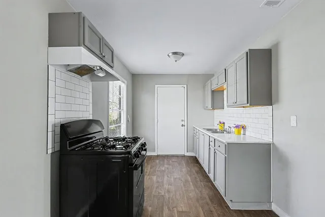 a kitchen with a sink appliances and cabinets