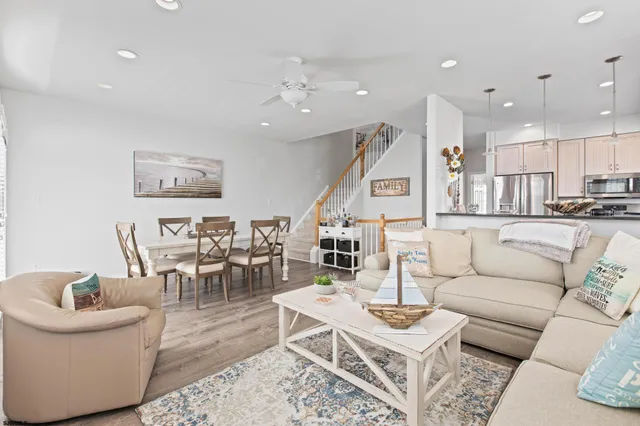 a living room with furniture and a table