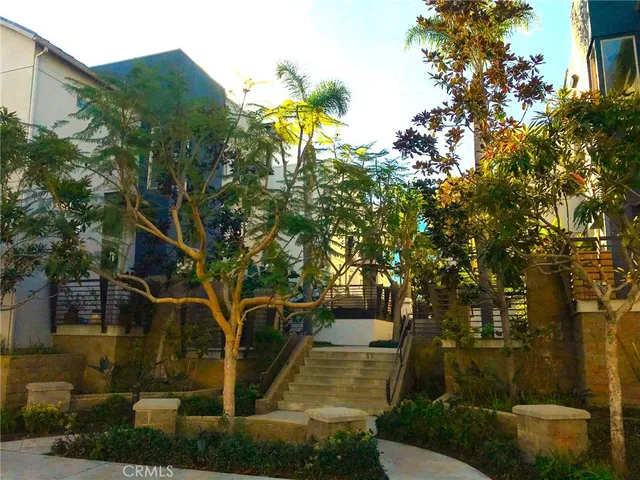 a view of a yard with plants and trees