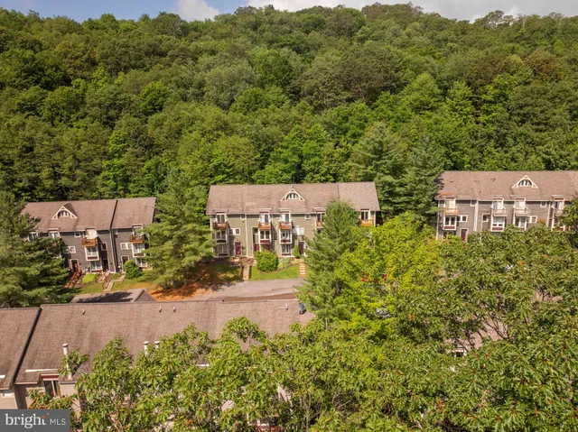 an aerial view of residential houses with outdoor space and trees