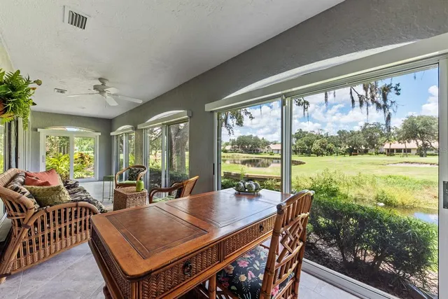 a view of a dining room with furniture window and outside view