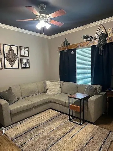 a living room with furniture and a rug