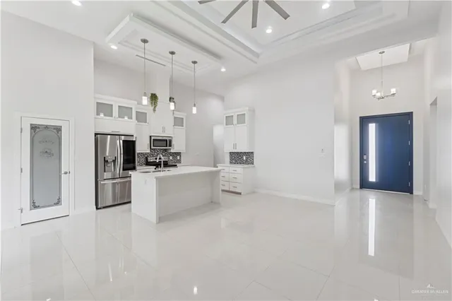 a view of a chandelier in a room