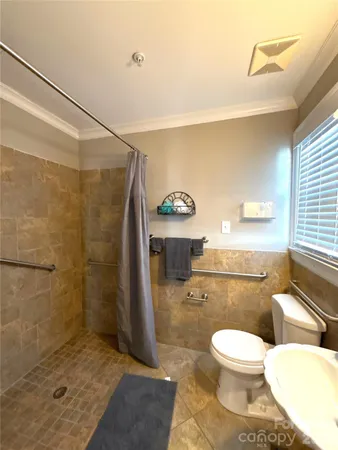 a bathroom with a toilet shower vanity and a sink