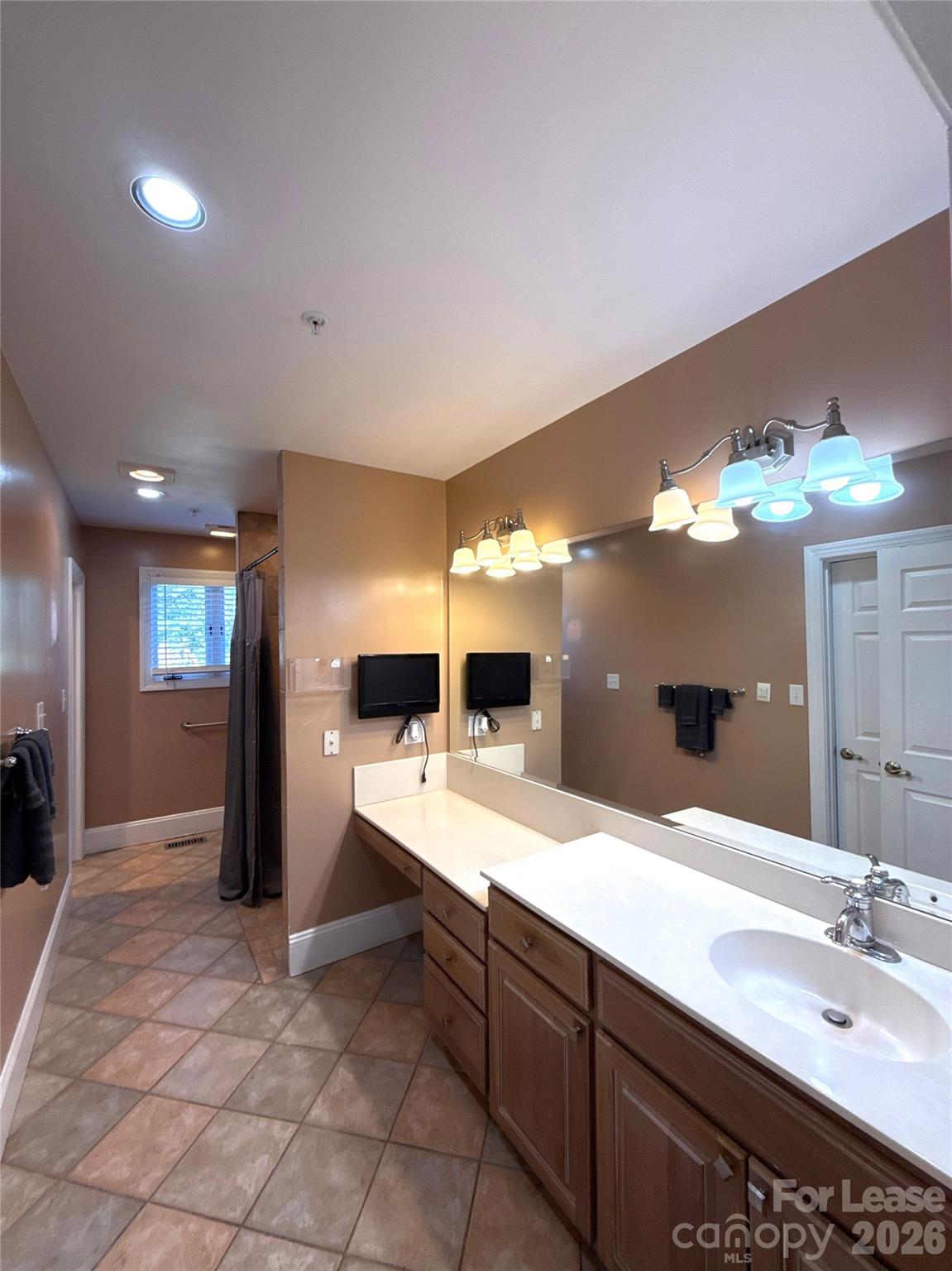 14009 Thompson Road Charlotte, NC 28227 - Photo 31 of 42 a bathroom with a sink a large mirror and a shower