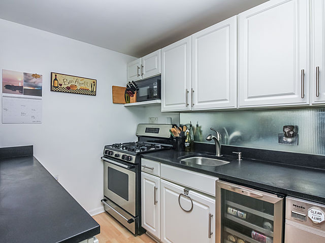 253 East Delaware Place, Unit 5E Chicago, IL 60611 - Photo 11 of 17 a kitchen with granite countertop a sink a stove and cabinets