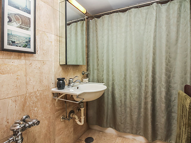 253 East Delaware Place, Unit 5E Chicago, IL 60611 - Photo 4 of 17 a bathroom with a sink a mirror and a shower curtain