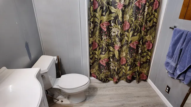 a white toilet sitting next to a shower curtain