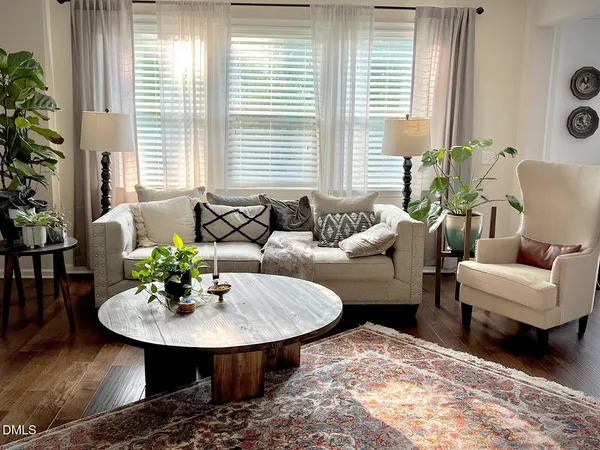 a living room with furniture and a potted plant