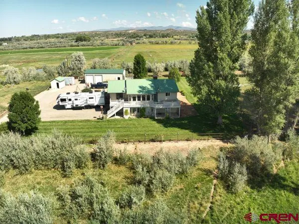 a view of a lake with lawn chairs and large trees